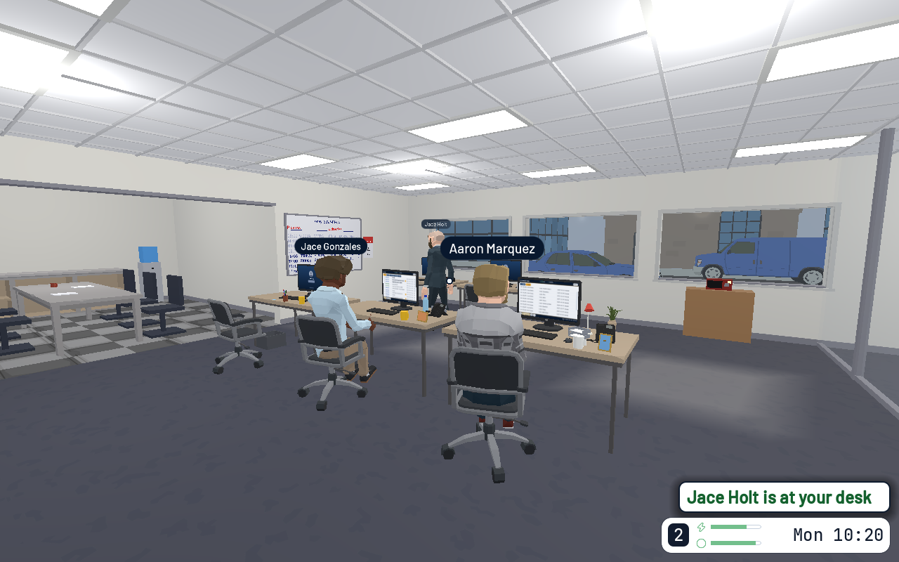 The open-plan freight office: colleagues at their desks with name tags overhead, and a blue van parked outside the tall windows.