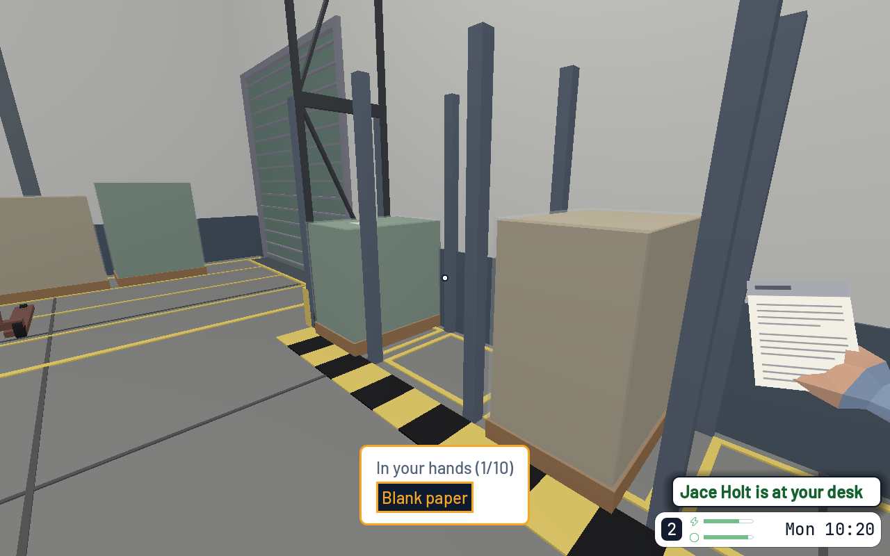 The warehouse: pallets under a racking frame and yellow floor markings, the player holding a sheet of blank paper.