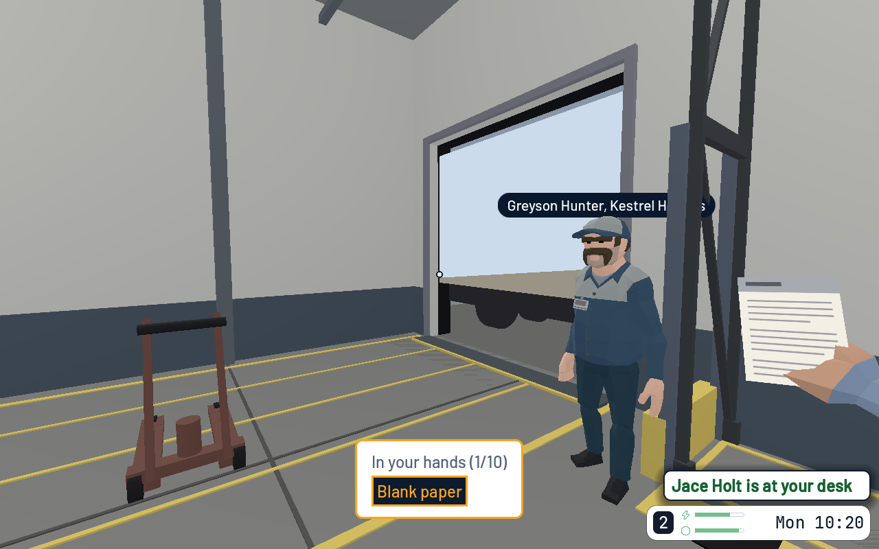 A warehouse worker in a cap and blue overalls in a loading bay, the player carrying a document.